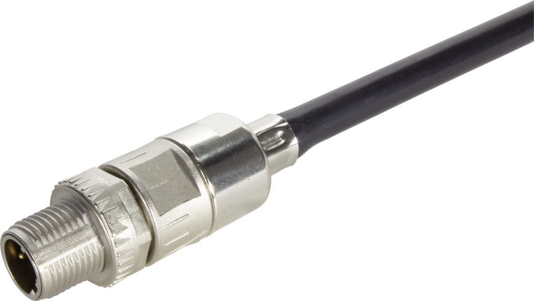 Ein schwarzes Kabel mit einem silbernen, zylindrischen Metallstecker, ähnlich einem Koaxialanschluss, auf einem weißen Hintergrund.