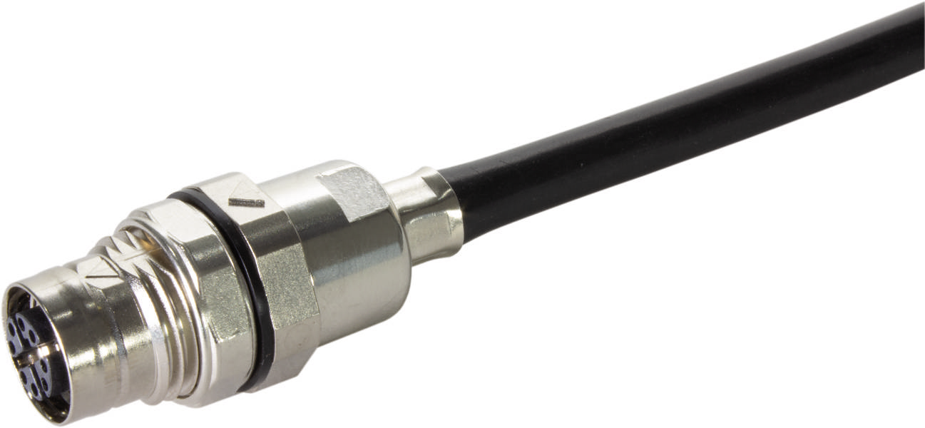 Ein Metallstecker mit schwarzem Kabel, geeignet für industrielle Anwendungen, mit mehreren Pins für spezifische Anschlüsse.