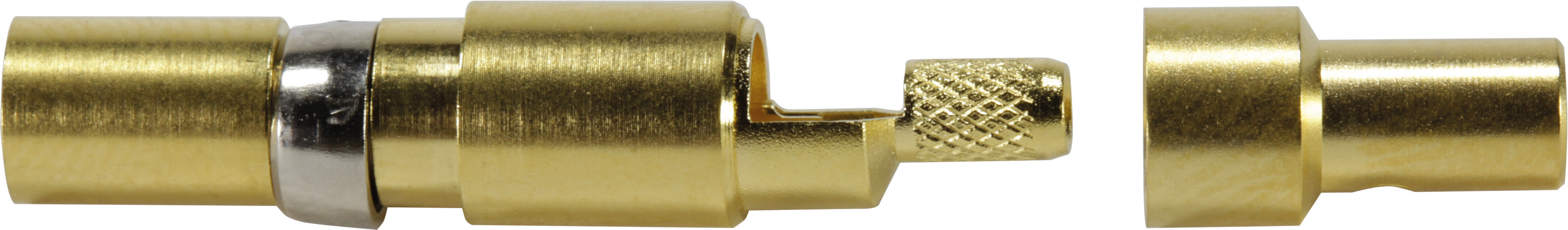 Zwei goldene Steckverbinder, einer mit gerändeltem Griff, auseinandergezogen. Dient zur Verbindung von Kabeln oder elektronischen Geräten.