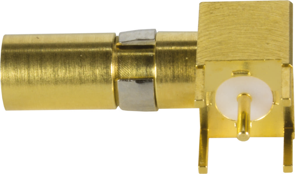 Ein goldener RF-Stecker, rechteckig und zylindrisch kombiniert, dient zur Übertragung von Hochfrequenzsignalen in elektronischen Geräten.