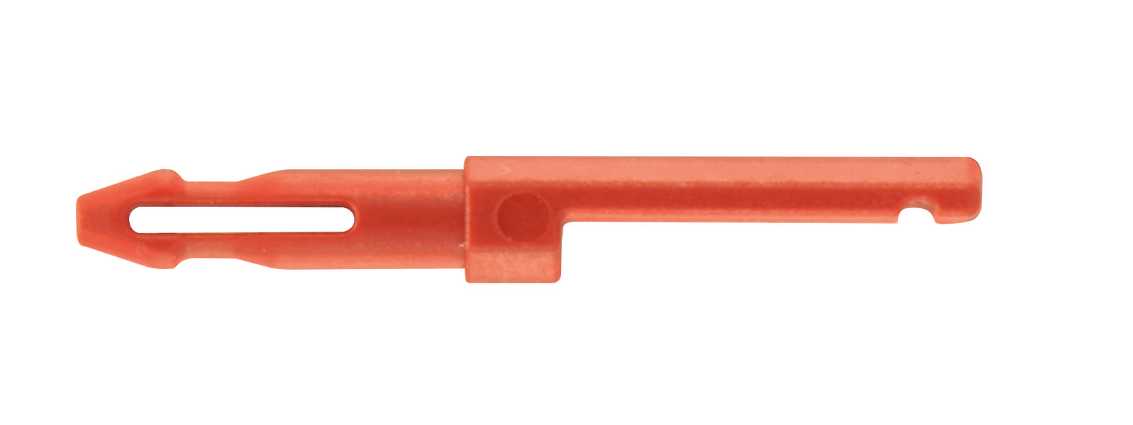 Ein roter Plastikdübel in länglicher Form mit Schlitzen und Haken, zur Befestigung von Gegenständen in Wänden.
