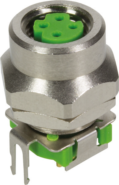 Metallkomponente mit grünen Kunststoffteilen, die vermutlich ein elektrischer Steckverbinder ist.