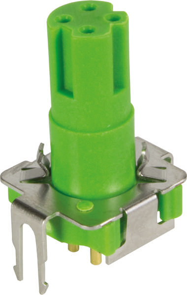Grüner Kunststoffstecker mit Metallklammern und vier Anschlusslöchern, geeignet für elektrische Geräte oder Schaltkreise.
