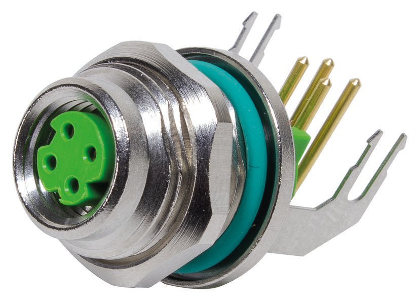 Ein grüner, runder, mehrpoliger Steckverbinder mit einem metallischen Gehäuse und mehreren goldenen Kontakten auf schwarzem Hintergrund.
