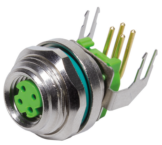 Ein grüner, runder Steckverbinder mit mehreren Metallstiften und einem Metallgewinde.