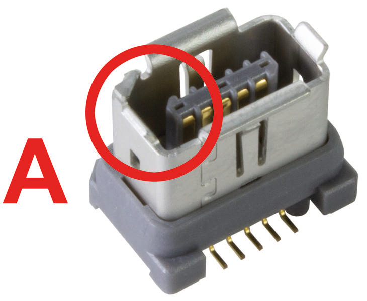 Nahaufnahme eines USB-Anschlusses mit einem roten Buchstaben 'A' und einem Kreis, der die Stifte im Inneren des Steckers hervorhebt.