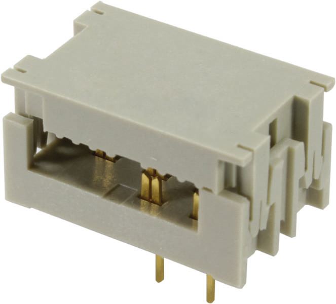 Ein rechteckiger, grauer Kunststoffstecker mit zwei metallischen Pins, geeignet zur elektrischen Verbindung von Bauteilen.