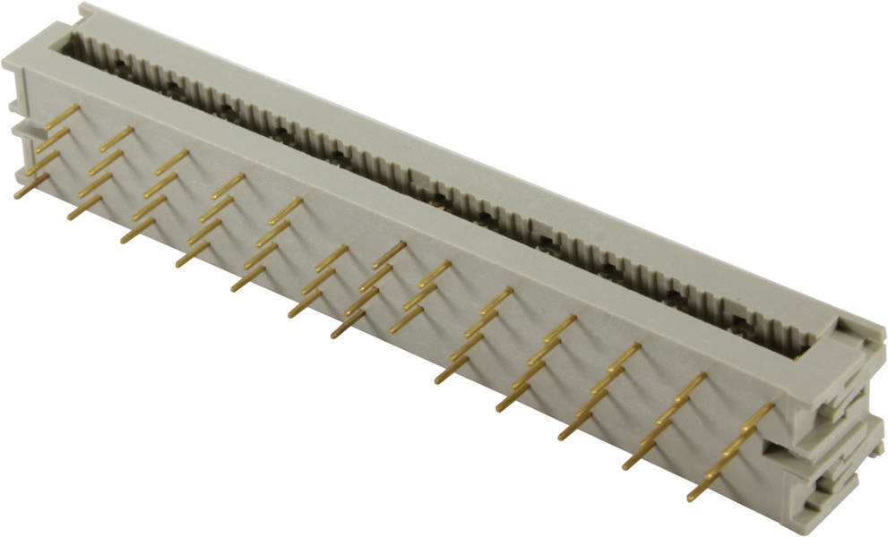 Ein rechteckiger, beiger Steckverbinder mit zahlreichen goldenen Pins. Die Pins sind in zwei Reihen angeordnet. Der Steckverbinder ist offen für elektronische Verbindungen.