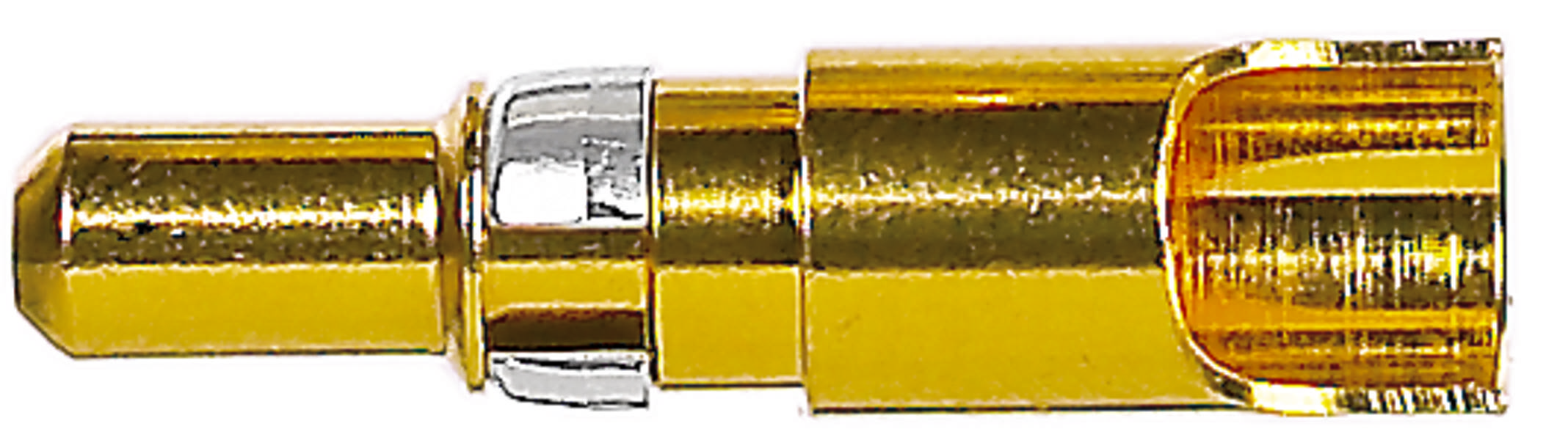 Ein kleiner, zylindrischer, goldfarbener Metallstecker mit einer glatten Oberfläche und einem hervorstehenden Ende. Geeignet für elektrische Verbindungen.