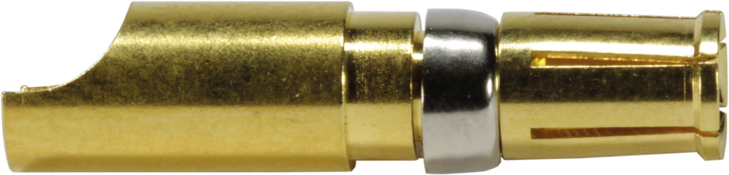 Goldener Steckverbinder mit silbernem Ring, seitlich abgebildet.
