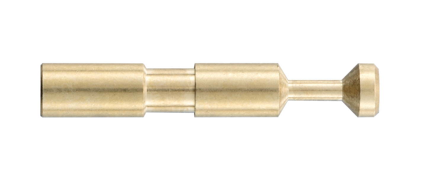 Messingstecker, längliche zylindrische Form, glatt polierte Oberfläche, seitliche Ansicht. Er wird typischerweise für elektrische Verbindungen verwendet.