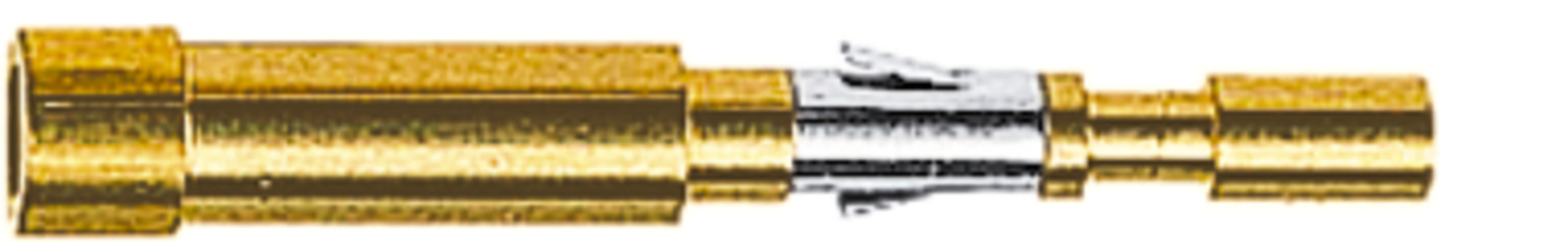 Ein Metallverbindungsstück mit goldfarbenem Gehäuse und silbernem Kern, oft für elektrische oder mechanische Verbindungen verwendet.