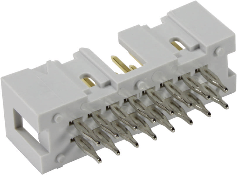 Ein weißer elektrischer Steckverbinder mit zwölf Metallpins, die aus der Unterseite herausragen.