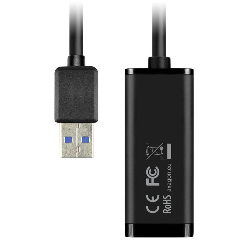 Schwarzer USB 3.0 auf Ethernet-Adapter mit CE- und RoHS-Kennzeichnung, geeignet für kabelgebundene Netzwerkverbindungen.