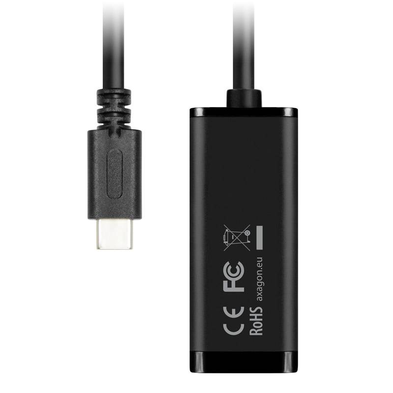 Schwarzer Adapter mit USB-C-Stecker und Gehäuse mit CE- und RoHS-Kennzeichnung. Geeignet für Verbindung zu elektrischen Geräten.