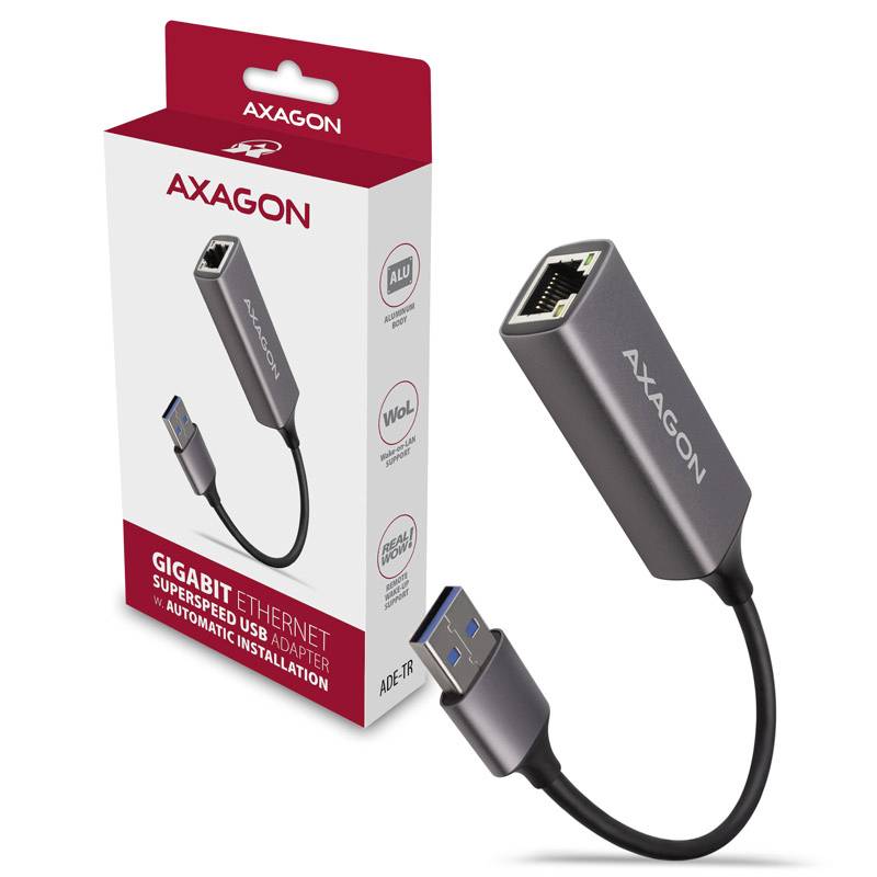 'AXAGON Gigabit Ethernet USB-Adapter' Verpackung mit Adapter daneben. Adapter hat USB-Stecker und Ethernet-Buchse. Markenname groß sichtbar.