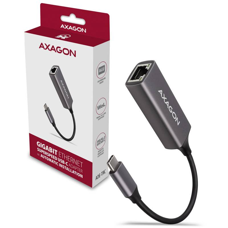 'AXAGON' Gigabit Ethernet Adapter neben der Verpackung mit Markennamen und Produktdetails. Adapter ist für USB-C zu Ethernet Verbindung.