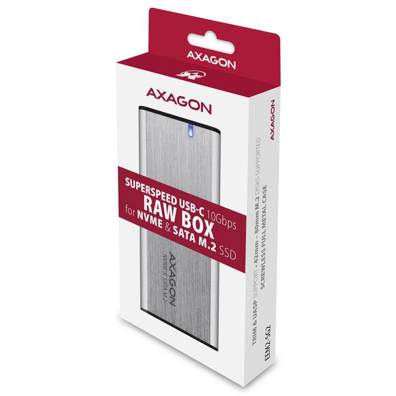 Die Verpackung einer 'AXAGON Raw Box' SSD-Gehäuse, unterstützt USB-C 10Gbps, kompatibel mit NVMe & SATA M.2 SSDs.