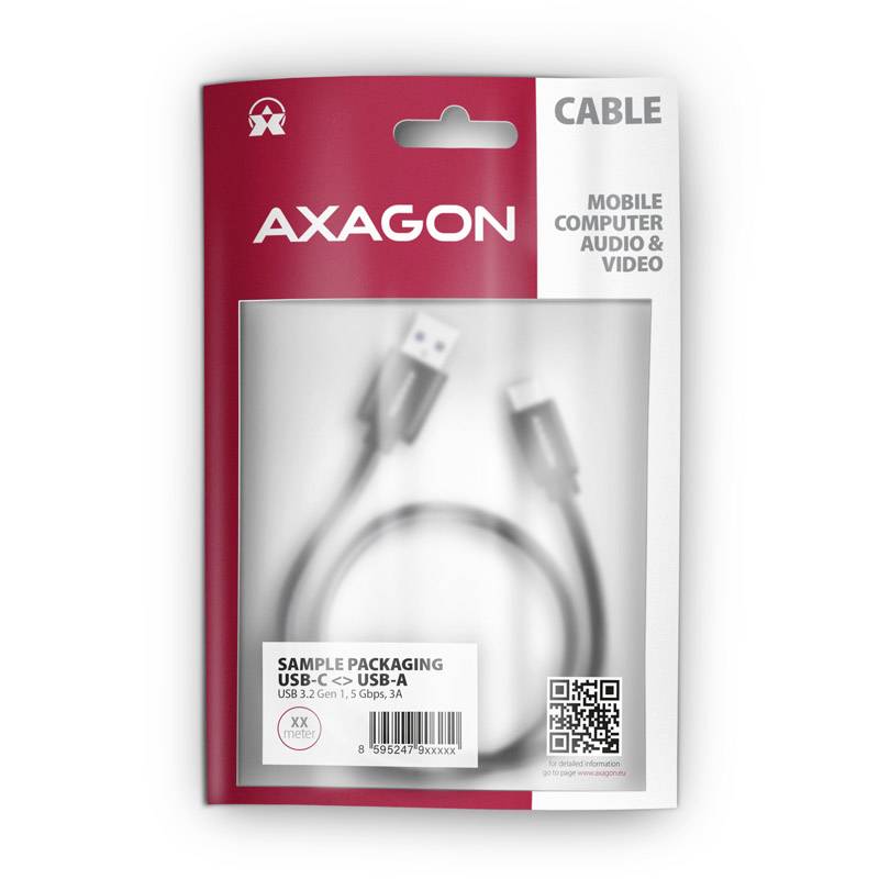 USB-C-auf-USB-A-Kabel in Verpackung. Aufschrift: 'Axagon, Cable, Mobile Computer Audio & Video'. Etikett: 'Sample Packaging, 25 cm, 5 Gbps, 3A'.