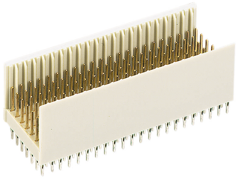 Steckerverbinder mit rechteckiger Form, vielen goldenen Pins und weißem Kunststoffgehäuse, zur Verwendung in elektronischen Geräten.