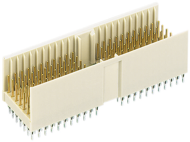 Ein weißer Steckverbinder mit zahlreichen goldfarbenen Stiften, verwendet für elektronische Verbindungen und Platinenmontage.