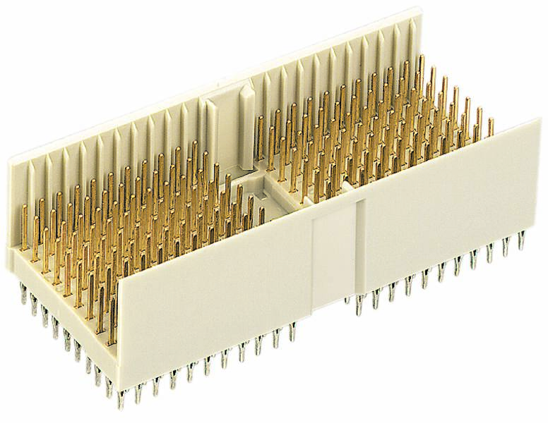 Ein rechteckiger elektrischer Steckverbinder mit vielen goldenen Stiften in zwei Reihen, verwendet zur Verbindung elektronischer Geräte.