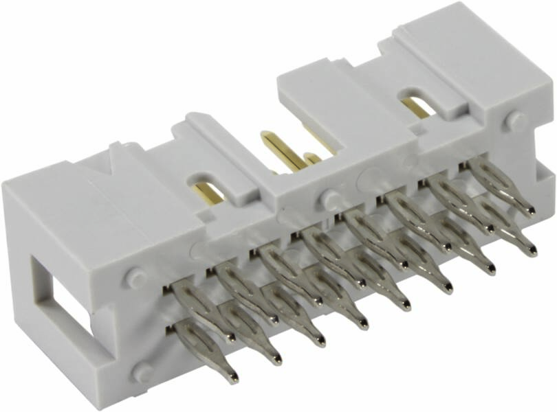 Ein weißer Steckverbinder mit mehreren Metallstiften, verwendet zur Verbindung von elektrischen Geräten oder Schaltungen.