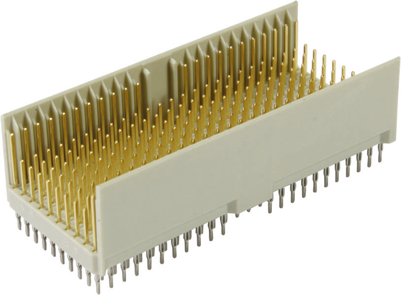 Kunststoffstecker mit zahlreichen goldenen Pins, passend für elektronische Verbindungen auf Leiterplatten.