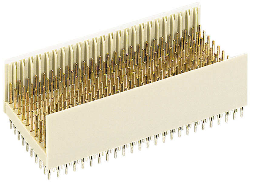 Ein rechteckiger, cremefarbener Steckverbinder mit vielen goldfarbenen Pins, die gerade nach oben zeigen.