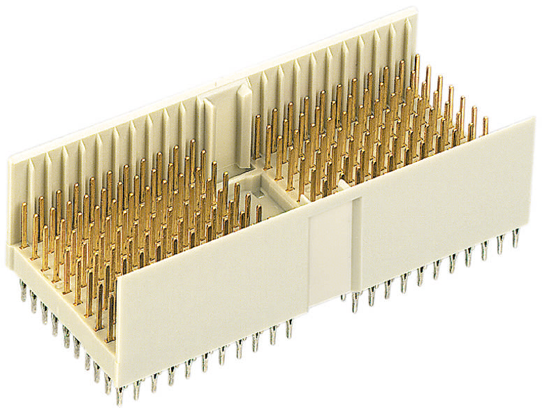 Ein goldfarbener Steckverbinder mit zahlreichen Pins in einem rechteckigen Kunststoffgehäuse, zur elektrischen Verbindung von Geräten.