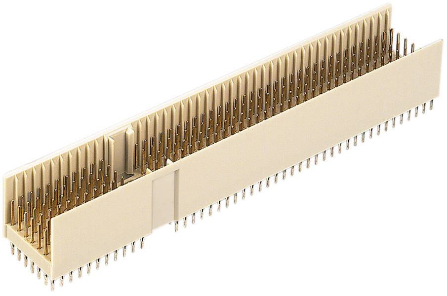 Ein rechteckiger, weißer PCB-Steckverbinder mit zahlreichen goldenen Pins. Er wird zur elektrischen Verbindung von Komponenten verwendet.