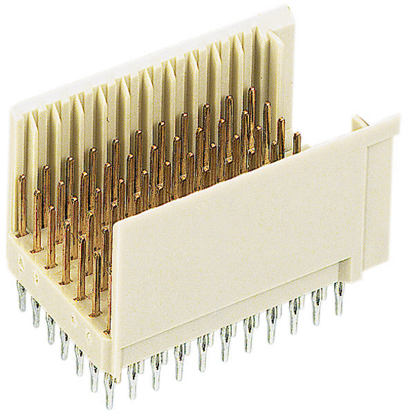 Elektronischer Steckverbinder mit zahlreichen goldenen Pins, die in einem rechteckigen, weißen Plastikgehäuse angeordnet sind.