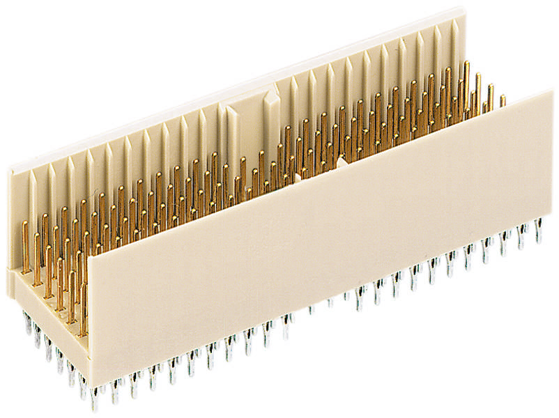 Ein rechteckiger, beige Kunststoff-Steckverbinder mit zahlreichen goldenen Pins. Verwendet für elektronische Verbindungen auf Platinen.