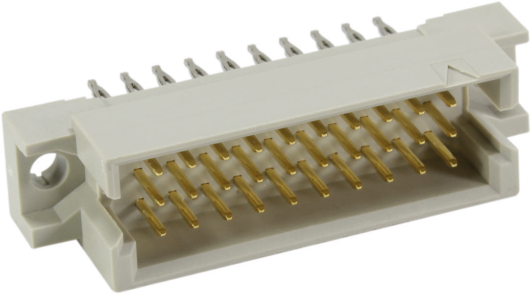 Ein rechteckiger Steckverbinder mit mehreren goldenen Stiften, die herausragen. Der Stecker hat eine beige Kunststoffhülle.