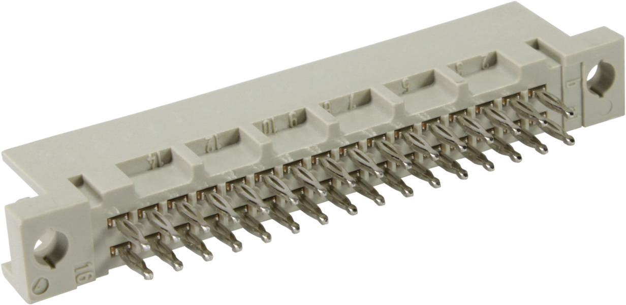 Ein grauer elektrischer Steckverbinder mit 16 Metallstiften. Hauptsächlich für den Einsatz in elektronischen Geräten geeignet.