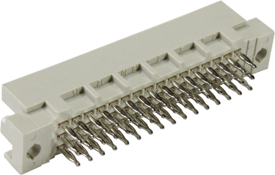 Ein weißer mehrpoliger Stecker mit Metallstiften, verwendet zur elektrischen Verbindung in elektronischen Geräten.