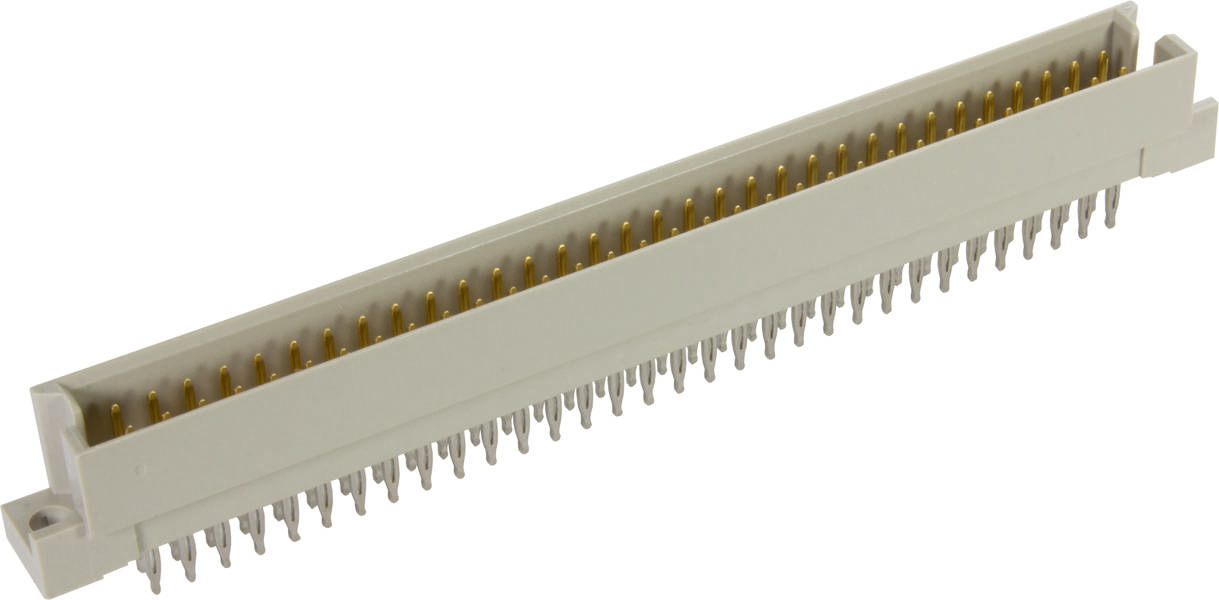 Langer, rechteckiger Steckverbinder mit zahlreichen goldenen Pins, die aus der Unterseite herausragen.