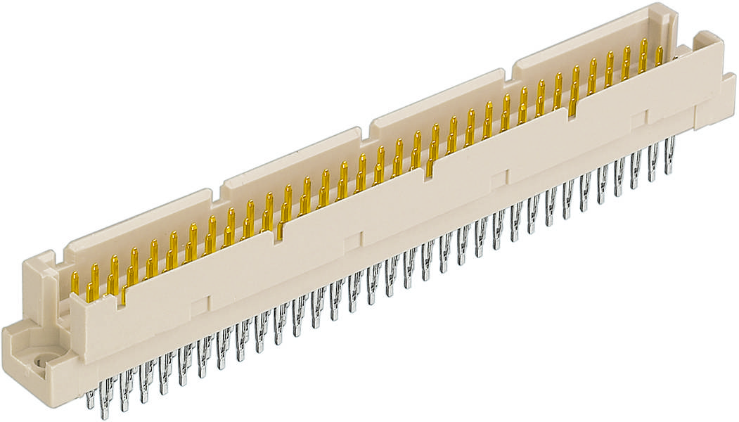 Ein rechteckiger, zweireihiger Steckverbinder mit goldfarbenen Kontakten und silbernen Pins, verwendet für elektronische Verbindungen.