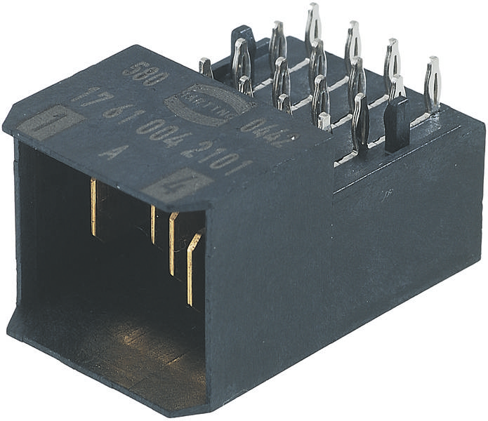 Ein schwarzer, rechteckiger elektronischer Steckverbinder mit mehreren Metallpins, die zur Verbindung elektronischer Geräte genutzt werden.