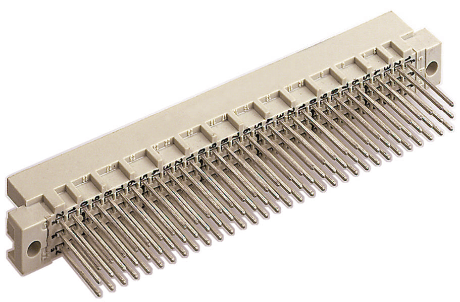 Ein weißer, rechteckiger Steckverbinder mit zahlreichen metallischen Pins, die in zwei Reihen angeordnet sind, um elektronische Verbindungen herzustellen.