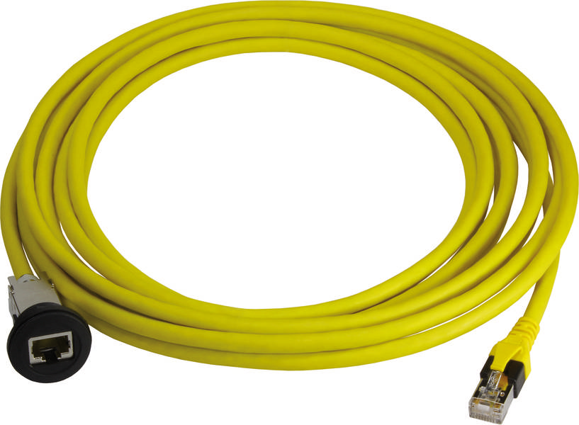 Ein gelbes Ethernet-Kabel mit RJ45-Steckern an beiden Enden, aufgerollt. Es wird zur Datenübertragung in Netzwerken verwendet.