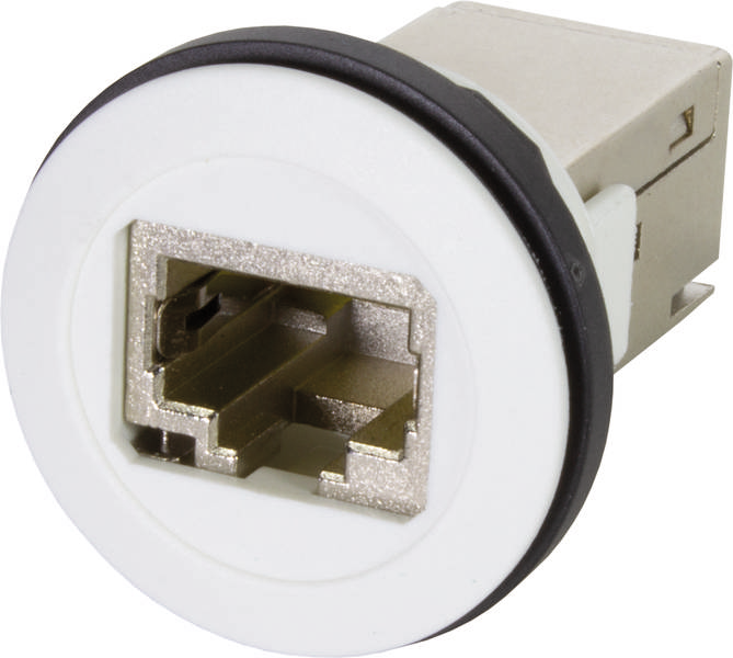 Ein RJ45-Netzwerkanschluss in einem runden, weißen Gehäuse, geeignet für die Wandmontage.