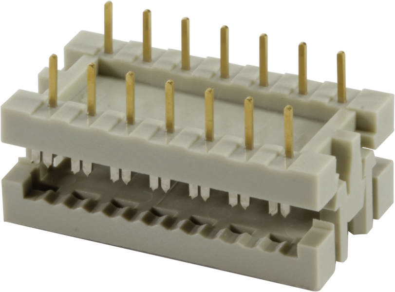 Grauer Steckverbinder mit zwei vertikalen Reihen aus goldenen Pins. Geeignet für elektronische Verbindungen oder Platinenmontage.