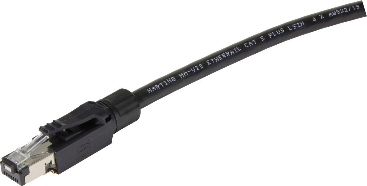 Ein schwarzes Ethernet-Kabel CAT 5 mit RJ-45-Stecker, gekennzeichnet mit 'HARTING HA-VIS ETHERRAIL'.