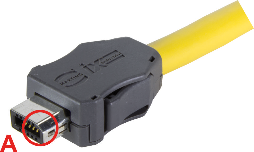 Grau-gelbes Harting ix Industrial Stecker-Kabel, asymmetrisches Design, mit markanten Kontaktstiften für Ethernet-Anwendungen.