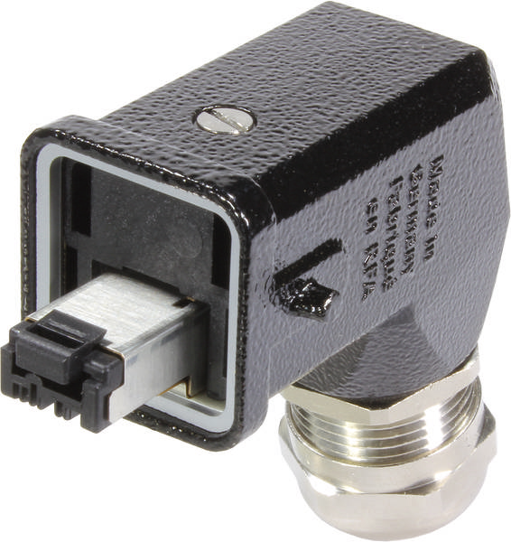 Ein schwarzer, rechteckiger Stecker mit Metallgewinde, zeigt Anschlüsse und ist für Verkabelung im Elektronikbereich vorgesehen.