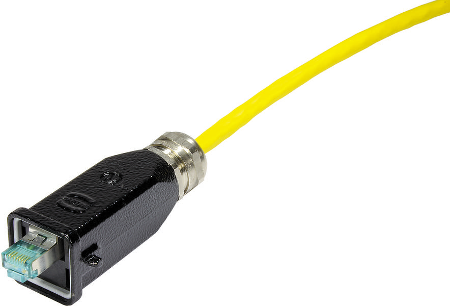 Ein gelbes Ethernet-Kabel mit schwarzem Stecker, das für Netzwerkverbindungen verwendet wird.