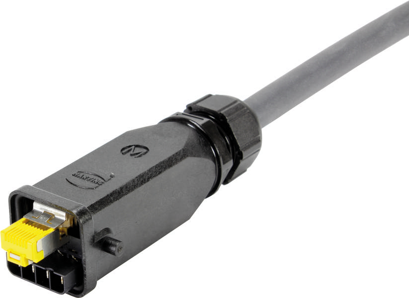 SPE-Leitung mit schwarzem Gehäuse und gelbem Steckeranschluss, verwendet für industrielle Ethernet-Verbindungen.