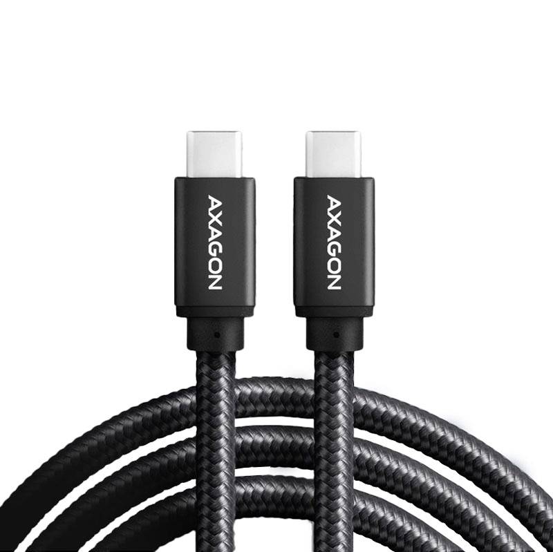 Zwei geflochtene USB-C-Kabel mit der Aufschrift 'AXAGON', geeignet für schnelle Datenübertragung und Aufladen, auf weißem Hintergrund.