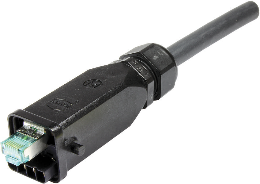 Ein schwarzes Netzwerkkabel mit einem großen Stecker am Ende, der mehrere Pins und Details zeigt. Es ist seitlich abgebildet.